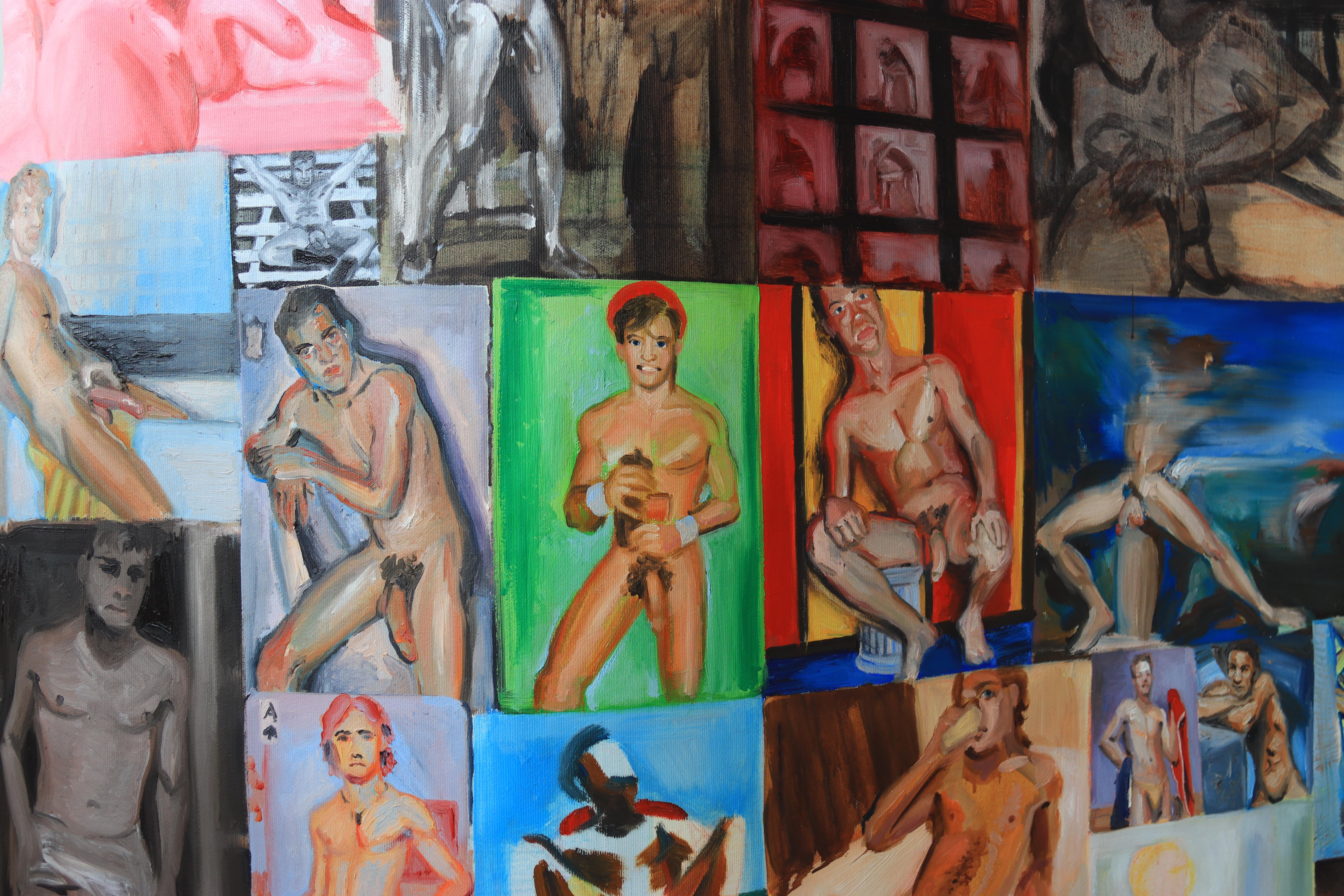 malba olejem, mužský akt, závěs, záclona s nahými muži, Lištica