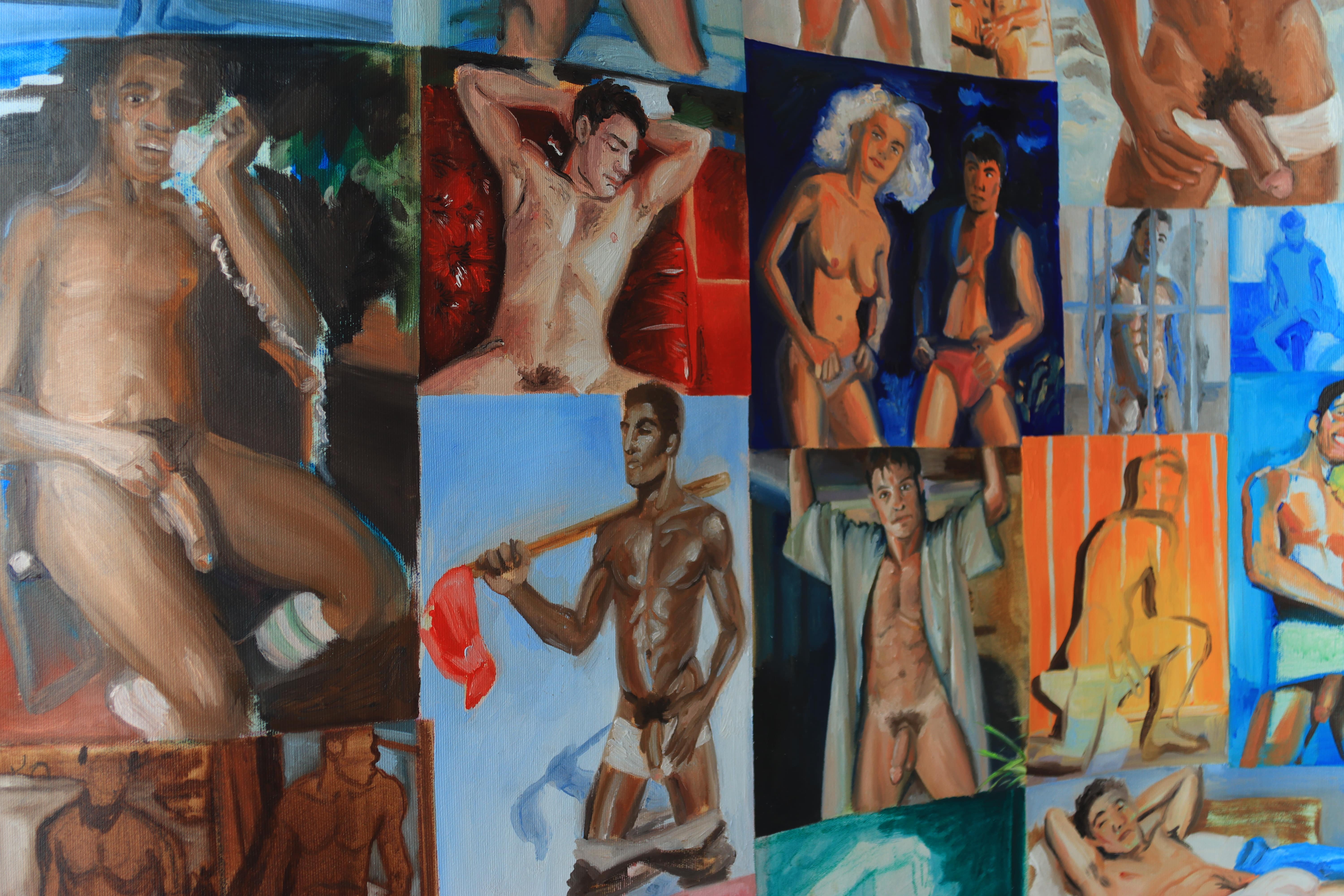oil painting, male nude, curtain, curtain with naked men, Lištica