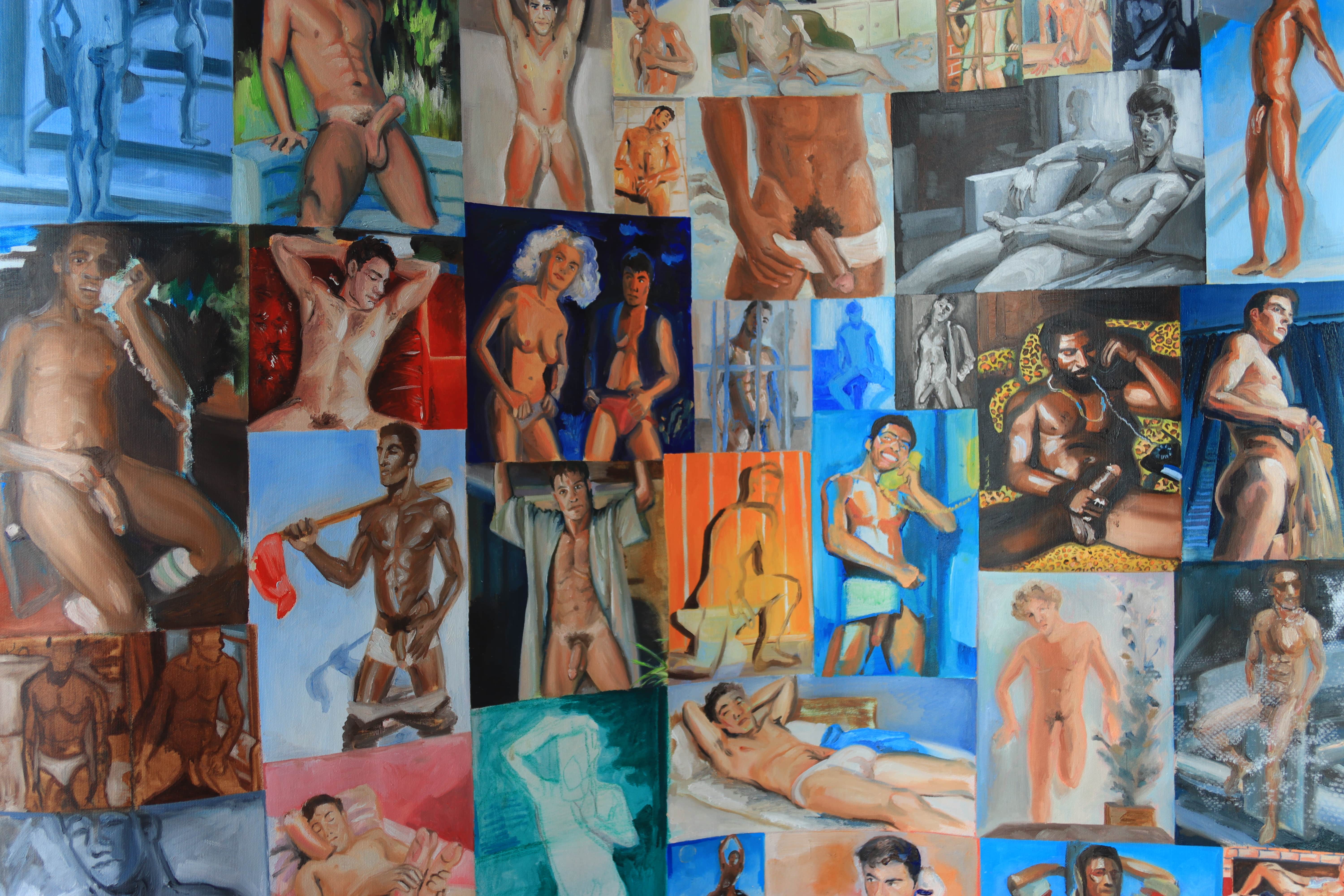 oil painting, male nude, curtain, curtain with naked men, Lištica