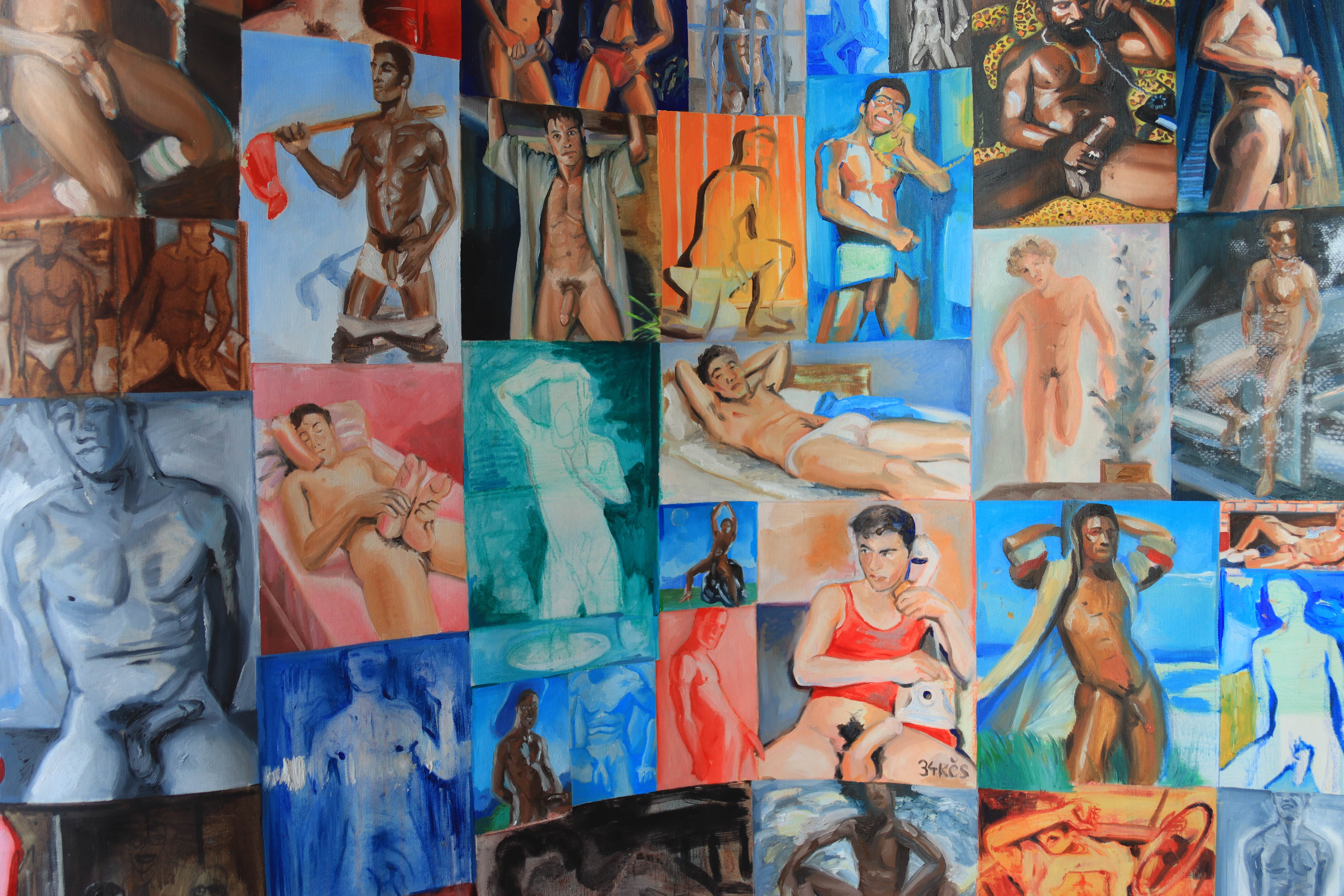 oil painting, male nude, curtain, curtain with naked men, Lištica
