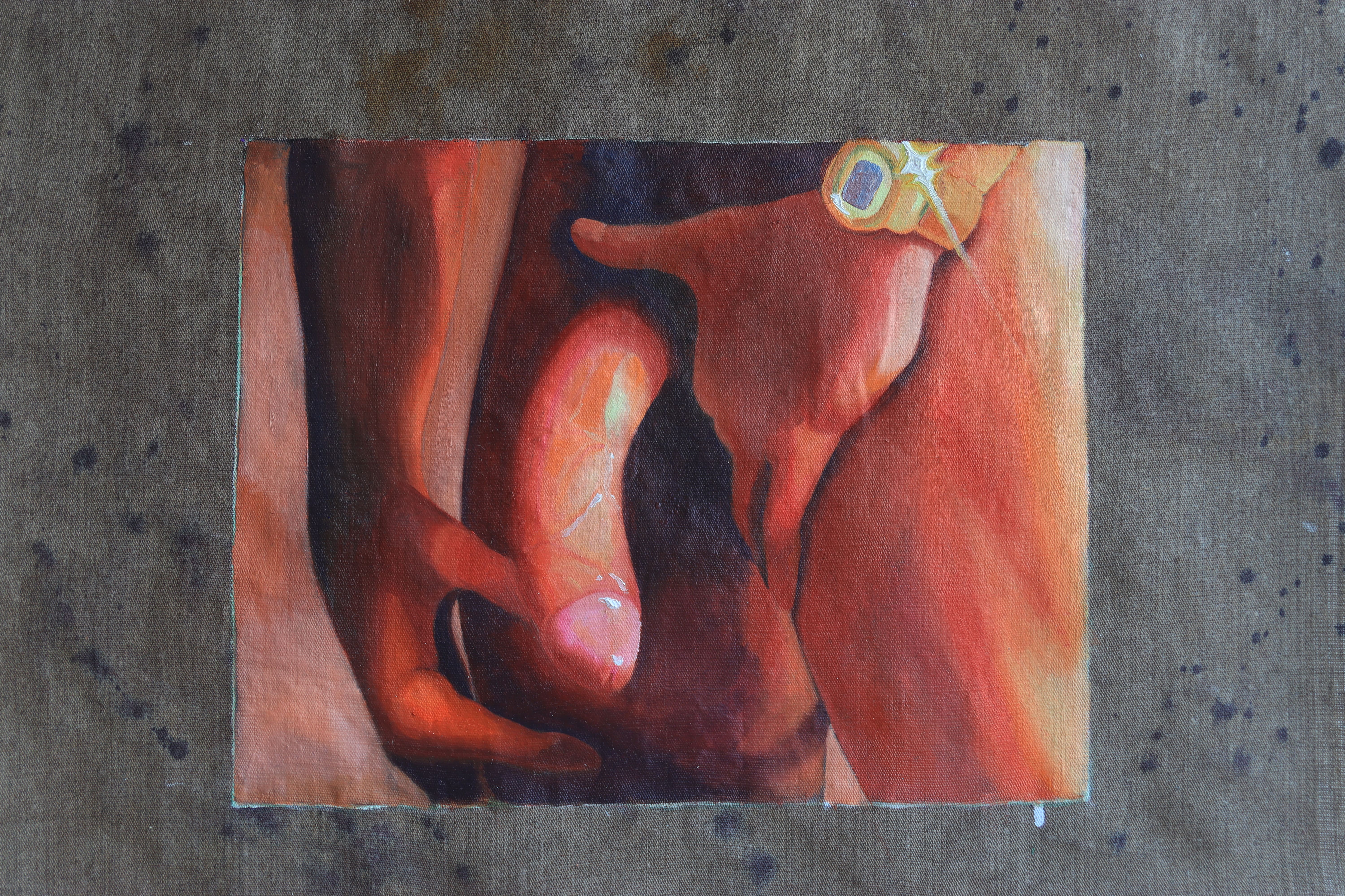 oil painting, exposed male sex, courbet's lap, Lištica