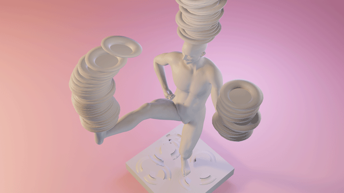 render figura s talíři 3D model, lištica, blender