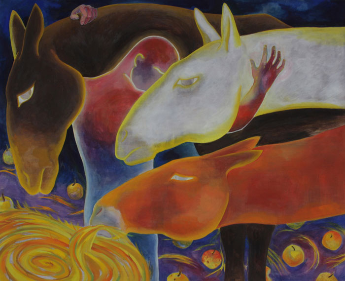 painting of a horse, huging with horses, tempera painting, Lištica