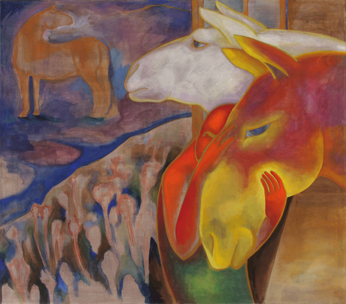 painting of a horse, huging with horses, tempera painting, Lištica