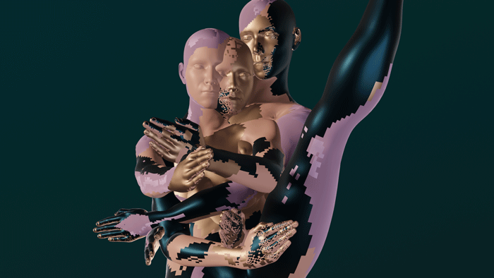 render of a figure composed from three figures, 3D model, lištica, blender