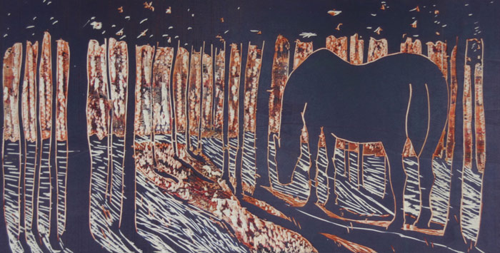 woodcut, horse in a forest, Lištica